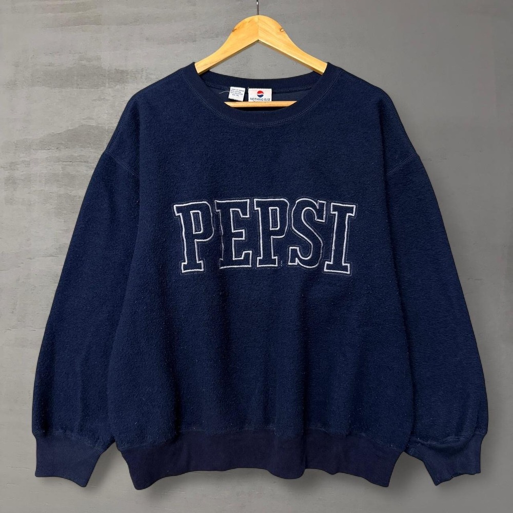 Vintage Pepsi Fleece 90s Sweatshirt Navy Blue‎ Embroidered Spellout Logo XL